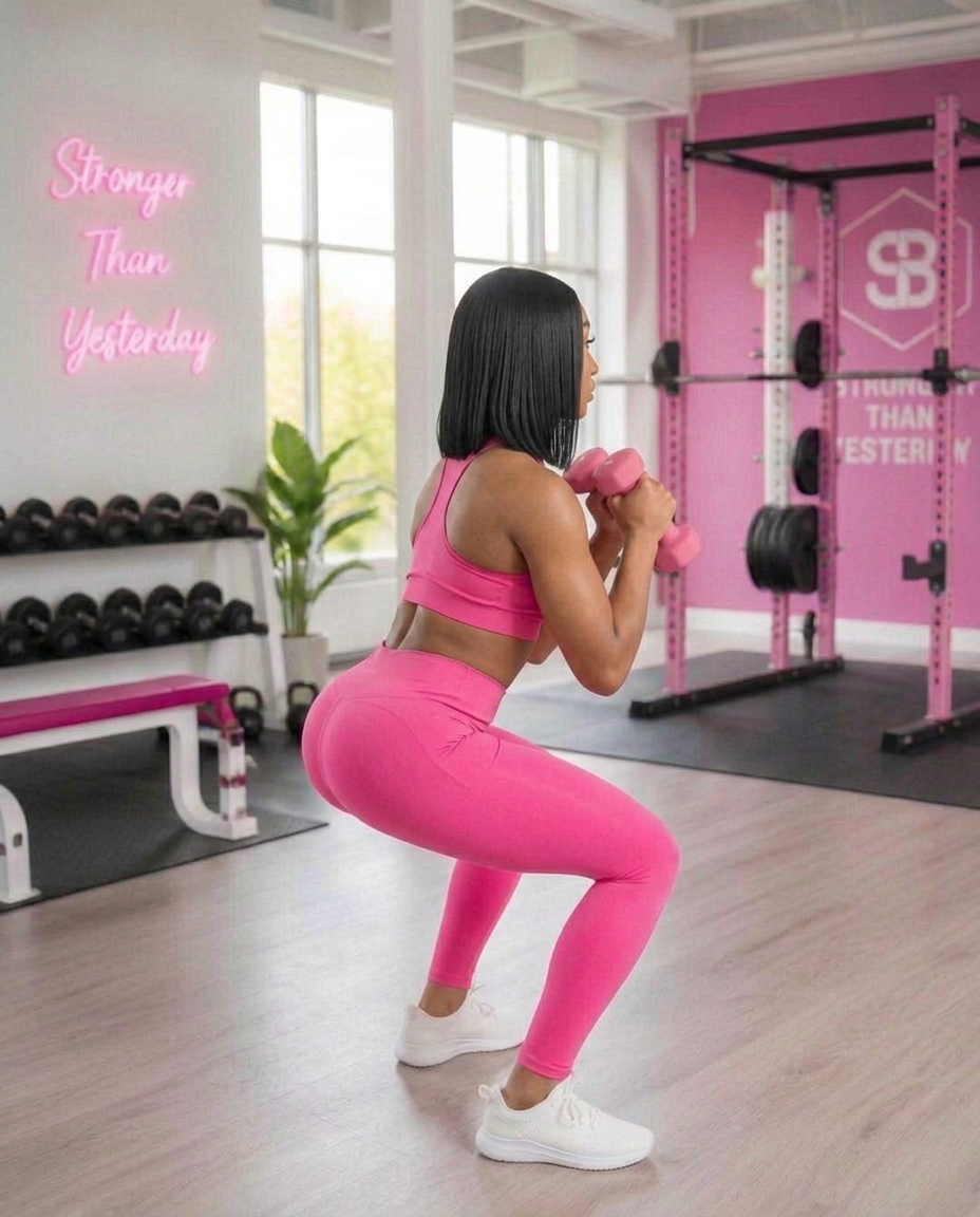 Raynisha Nicole performing a deep squat with pink dumbbells in a bright pink gym