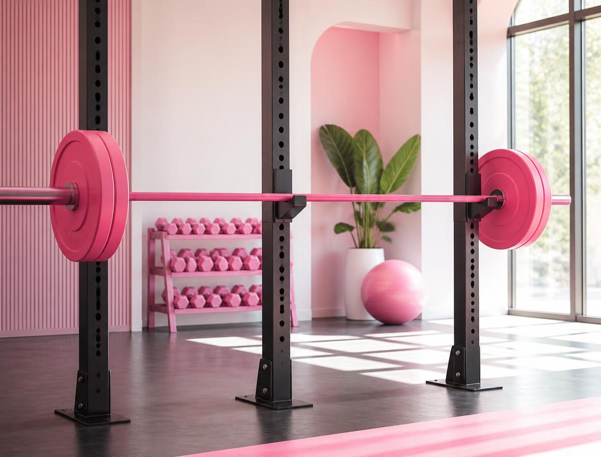 Pink barbell and weights in a boutique training studio