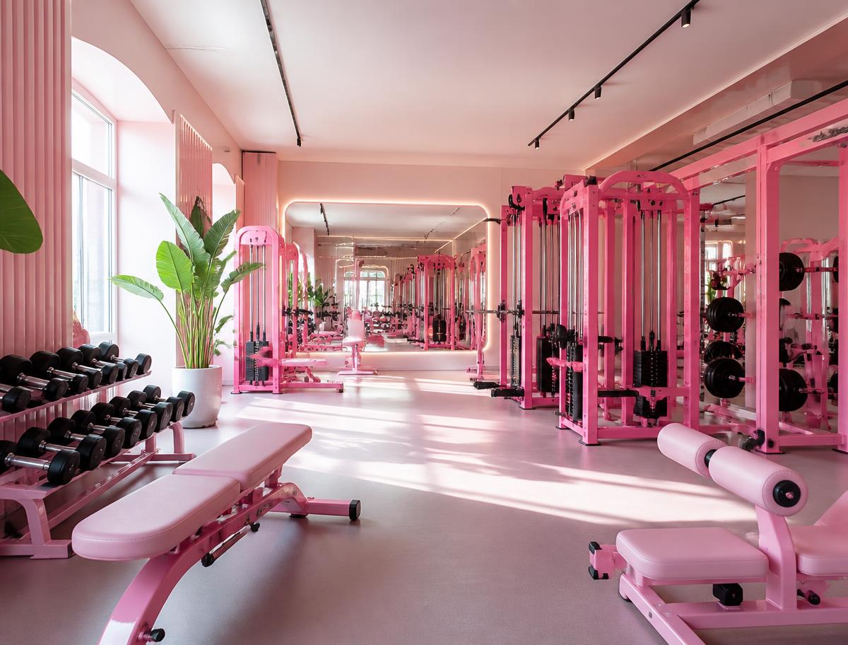 Empty pink fitness studio with strength equipment