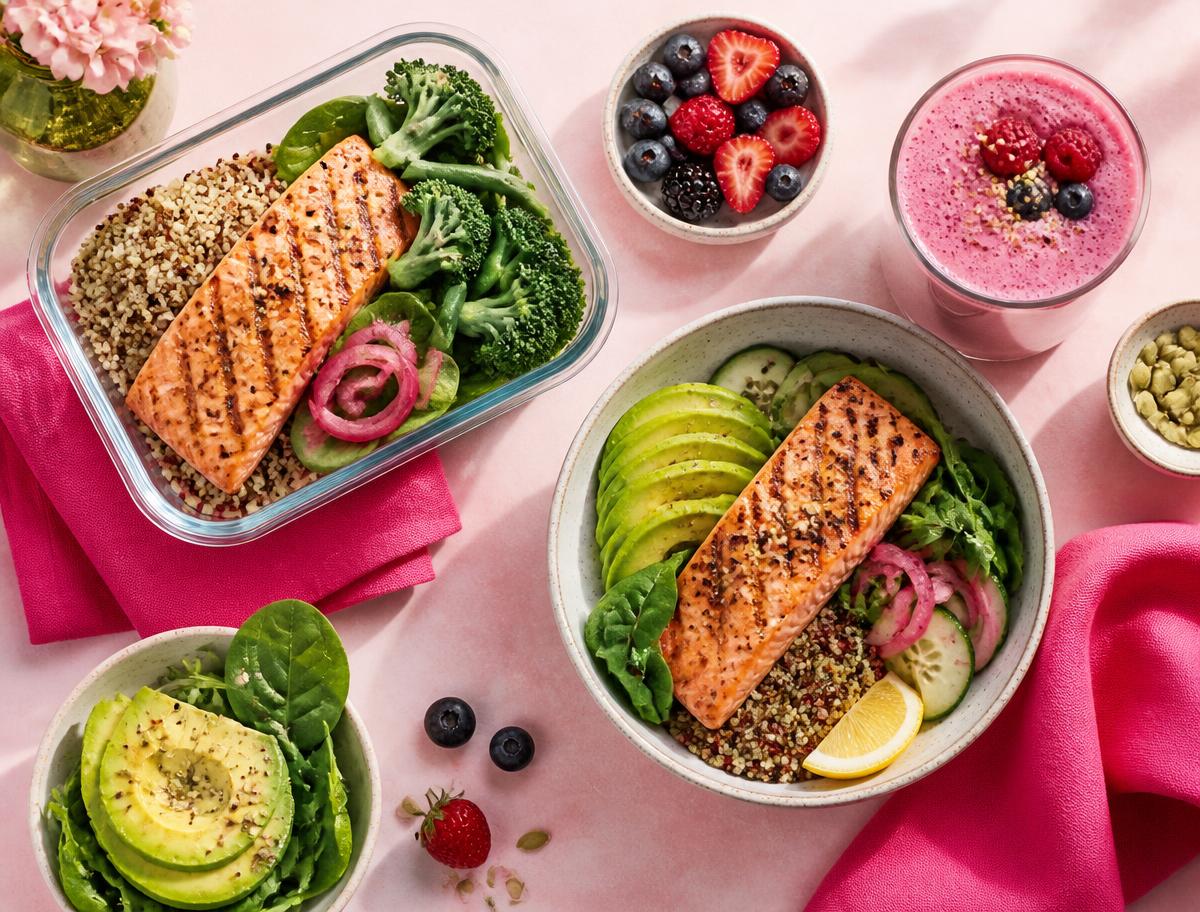 Healthy salmon, greens, fruit, and smoothie meal preparation
